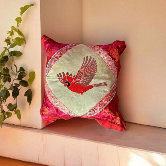 Vtg Hand Painted Cardinal Bird Square Pillow 15”x15”  tan red Leather/Satin - Picture 1 of 10